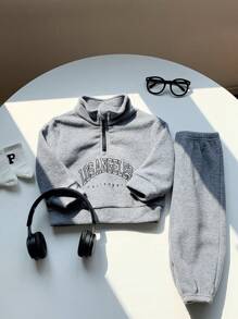 SHEIN 2 pièces Ensemble décontracté de survêtement en tissu peluche avec imprimé graphique lettres, col montant pour bébé garçon/fille, style universitaire. Pantalon à taille élastique. Convient pour le printemps, l'automne et l'hiver