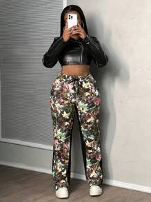 Slaydiva Pantalones informales de cintura con cordón y diseño de bloques de color con estampado de plantas - Multicolor - Ver 6