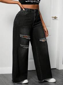 Quần jean ống rộng dáng rộng màu trơn cỡ lớn, dáng rộng, thường ngày - màu đen - Xem 6