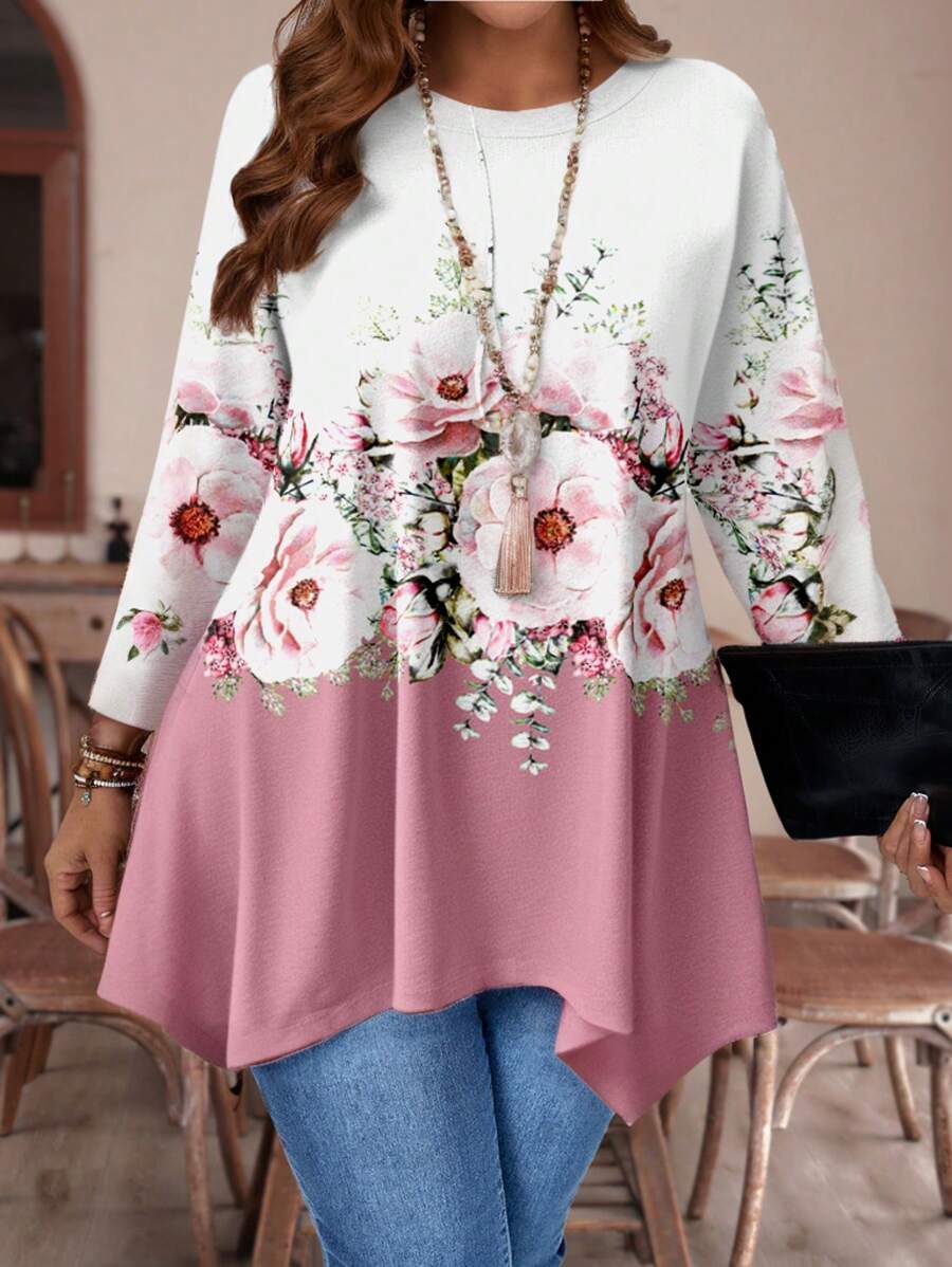 EMERY ROSE Áo thun tay dài in họa tiết hoa đơn giản, rộng rãi, thoải mái cho người ngoại cỡ, phù hợp cho mùa thu/đông - Nhiều màu - Xem 1
