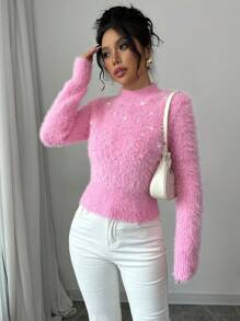 Áo len chui đầu dài tay đính hạt thường ngày cho nữ - Hồng - Xem 5