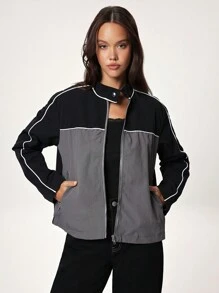 Forever 21 Women Spring Autumn Stand Collar Long Sleeve Colorblock Casual Jacket - Black - View 1