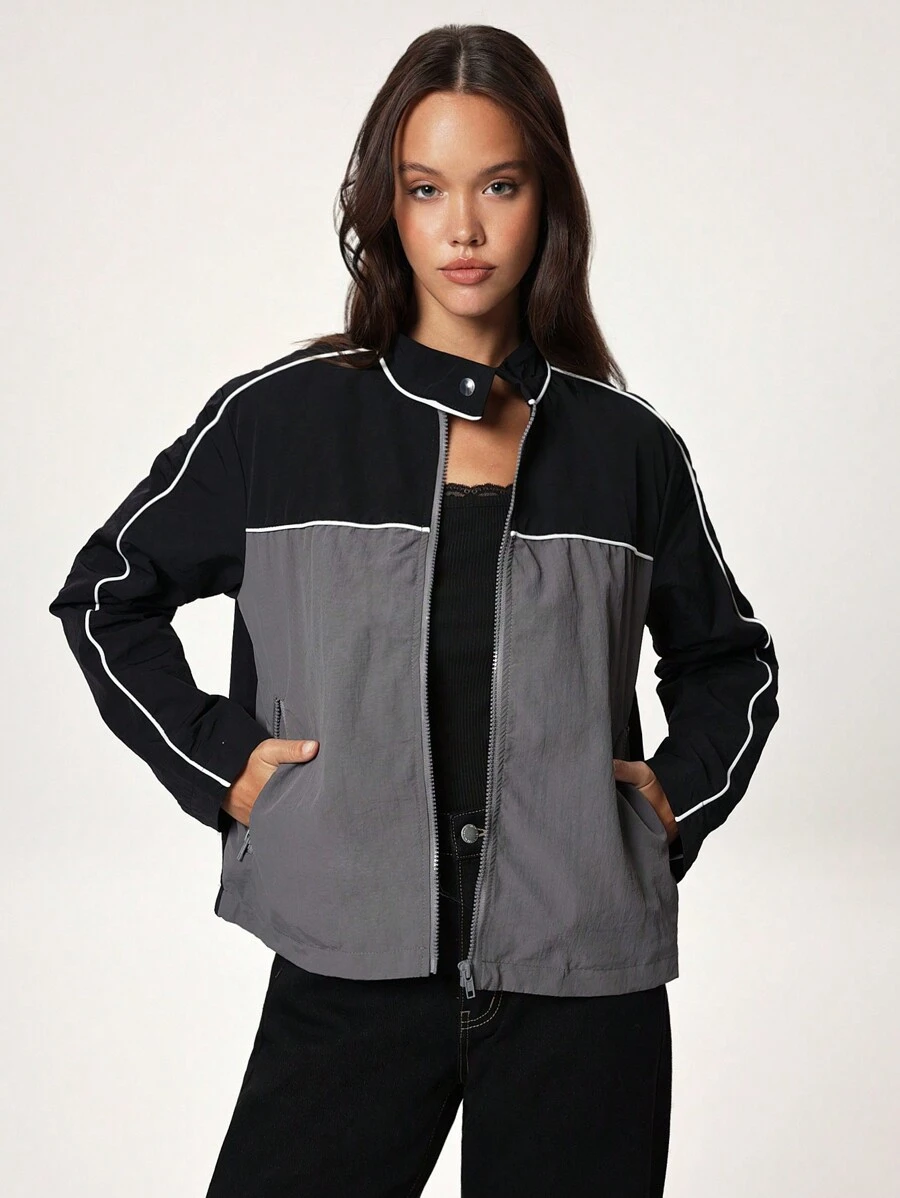 Forever 21 Women Spring Autumn Stand Collar Long Sleeve Colorblock Casual Jacket - Black - View 1