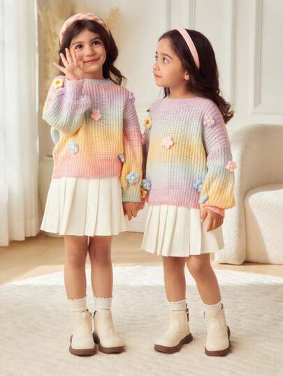 Sparklyn Young Girl Handmade Flower Gradient Knitted Sweater, Cute Casual Round Neck Lantern Sleeve Pullover