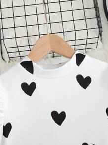 SHEIN Tween Girls Elegant Heart Pattern Fashionable Knitted Round Neck Long Sleeve Leg-Of-Mutton Sleeve Belted Peplum Tee T-Shirt With Ruffle Hem And PU Legging 2pcs Set, For Daily Wear,Back To School, Casual Occasions, For Autumn Winter