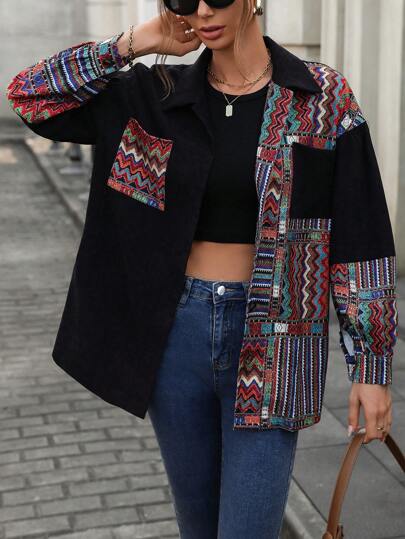 LanaWest Chaqueta regular casual y holgada de pana de color contrastante para mujer