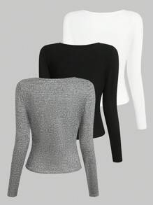 SHEIN LUNE Women's Rib Knit Sweetheart Neck Pullover T-Shirt Set