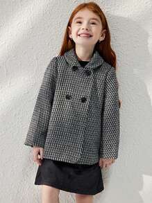 Blossori 年轻女孩法式优雅灰色蝴蝶结领双排扣大衣，秋冬 - 灰色 - 查看 1