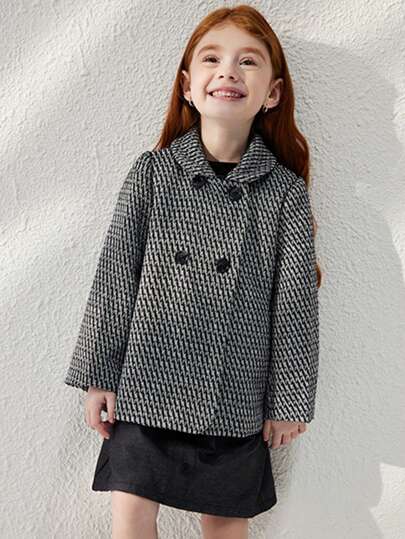 Blossori 年轻女孩法式优雅灰色蝴蝶结领双排扣大衣，秋冬