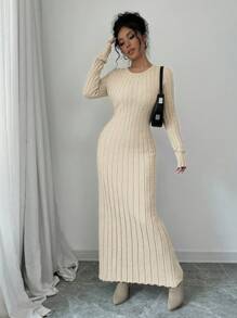 Rafferiza Solid Color Crew Neck Ribbed Long Sleeve Maxi Knit Dress - Apricot - View 6