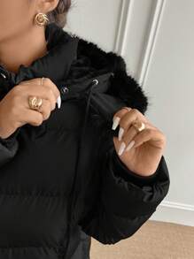 Calvaya Abrigo acolchado con cremallera, capucha y cuello esponjoso de unicolor en talla grande para ropa de invierno - Negro - Ver 11