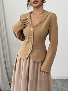 Chiquease Set de 2 piezas traje de mujer, chaqueta y falda maxi con superposición de red, para negocios, ir a trabajar, casual, maduro, otoño/invierno - Albaricoque - Ver 3