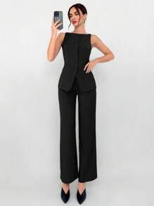 Aloruh 2 件套卡其色女士西装套装：仿口袋装饰 V 领无袖背心和裤子，秋冬商务办公休闲装 - 黑色 - 查看 2