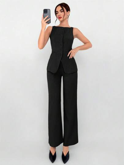 Aloruh 2pcs Khaki Women Suit Set: Faux Pocket Decor V-Neck Sleeveless Vest And Trousers, Business Office Casual Wear In Fall/Winter