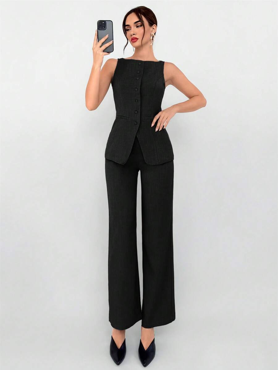 Aloruh 2 件套卡其色女士西装套装：仿口袋装饰 V 领无袖背心和裤子，秋冬商务办公休闲装