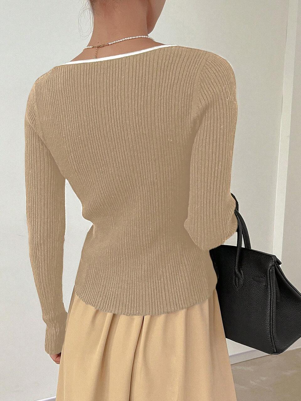 Women Crew Neck Long Sleeve Contrast Trim Simple Casual Pullover Sweater Fall