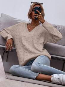 SHEIN LUNE Women Solid Color V-Neck Long Sleeve Casual Pullover Sweater