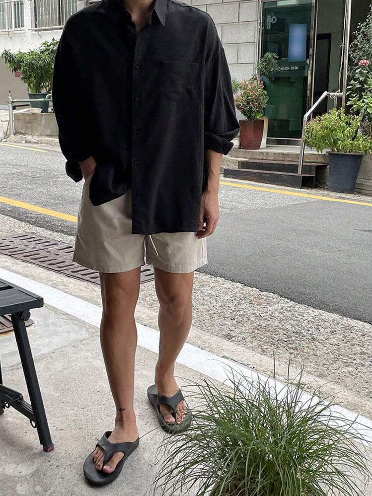 Manfinity Dauomo Men's Solid Color Long Sleeve Single-Breasted Casual Shirt, Autumn, Fall - Black - View 3