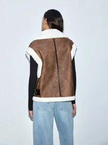 Maija Women Casual Shearling Trim PU Leather Lapel Spring Jacket - Khaki - View 6