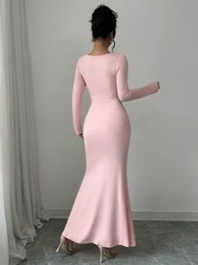 Elenzga 腰部收紧合身方领性感美人鱼连衣裙长款女装 - 粉色 - 查看 2