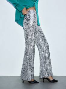 Maija Zilveren gebreide flared broek met pailletten voor dames, elegante feest-/Valentijnsdagkleding, lente/zomer