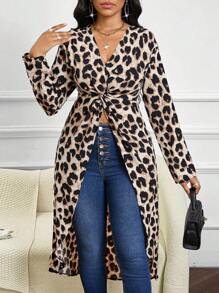 SHEIN Lady Leopard Print Shirt V-Neck Long-Sleeved Shirt Elegant Shirt With Front Twist Design Long Sleeve Shirt Mexican Tops Fall Women Tops