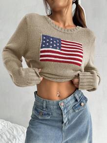 SHEIN EZwear Áo len thường ngày cổ tròn dài tay in hình cờ Hoa Kỳ cho nữ, Thu/Đông - Màu Khaki - Xem 1