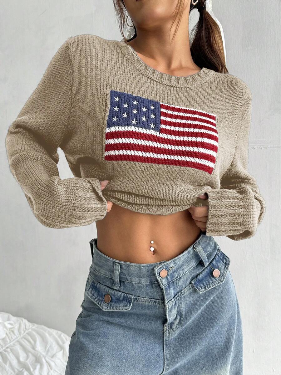 SHEIN EZwear Áo len thường ngày cổ tròn dài tay in hình cờ Hoa Kỳ cho nữ, Thu/Đông - Màu Khaki - Xem 1