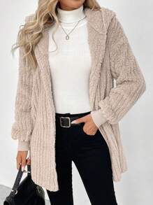 SHEIN LUNE Women Hooded Drawstring Hem Plush Texture Casual Commuter Elegant Outerwear, Suitable For Autumn/Winter