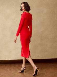 MOTF PREMIUM Vestido ceñido bustier de escote corazón con lazo en los hombros, sin cinturón - Rojo - Ver 6