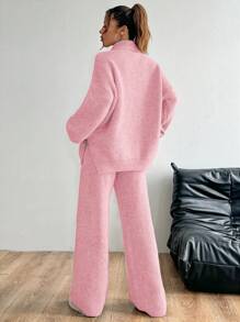 SHEIN Unity Bộ 2 áo len dệt kim rộng rãi và quần dài cho nữ, trang phục phù hợp thường ngày cho mùa thu đông - Màu Hồng baby - Xem 2