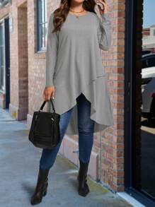 Plus Size Solid Color Long Asymmetrical Hem Crew Neck Long Sleeve T-Shirt