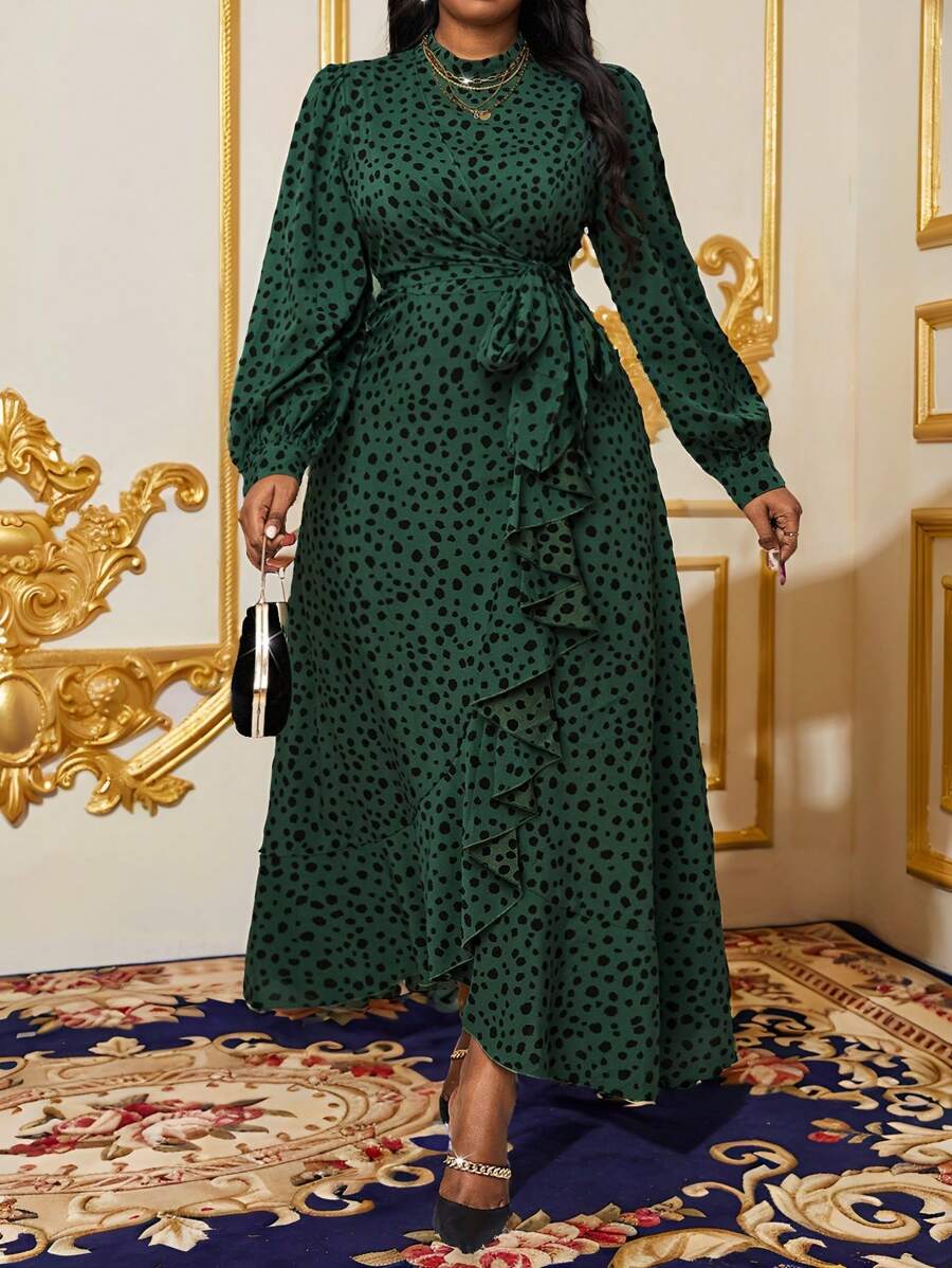 SHEIN Lady 大码春夏秋冬休闲优雅绿色编织立领喇叭袖腰带荷叶边长袖休闲优雅 - 綠色 - 查看 1