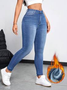 SHEIN Essnce Pantalones vaqueros delgados casuales de mujer con forro térmico y bolsillos, denim grueso y calentito