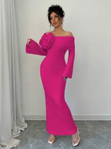 Rafferiza 1 pieza Vestido maxi elegante para mujer con manga de campana, hombros descubiertos, decoración floral y silueta ajustada tipo sirena, ropa de otoño - Rosa Fucsia - Ver 4