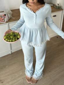 Snug Zone Women Lace Patchwork Button Front Long Sleeve Top & Pants Sleepwear Pajama Set, Fall Winter Clothes - Baby Blue - View 1