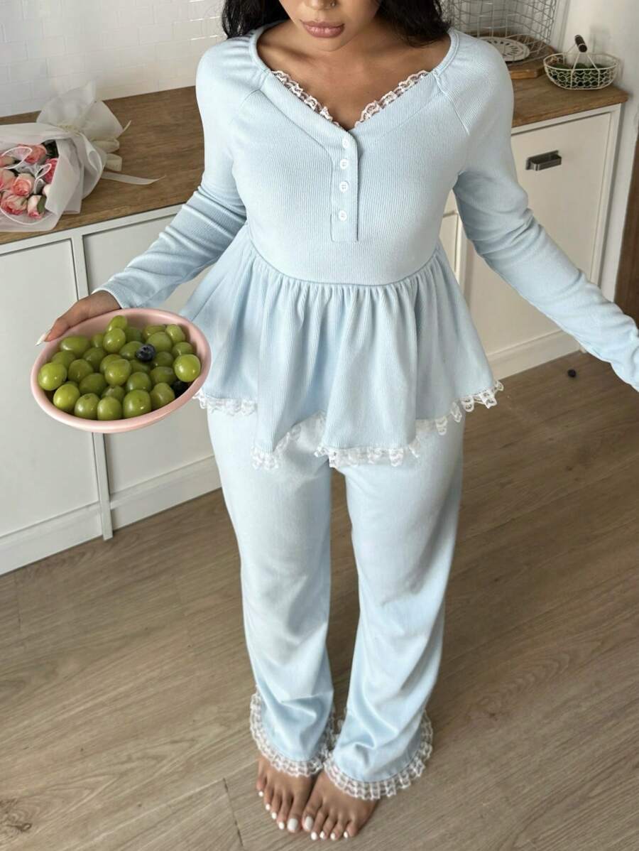 Snug Zone Women Lace Patchwork Button Front Long Sleeve Top & Pants Sleepwear Pajama Set, Fall Winter Clothes - Baby Blue - View 1