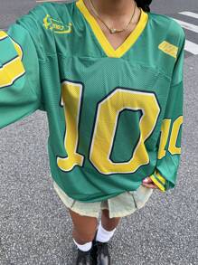 Muchica Women's New Letter Print V-Neck Long Sleeve Soccer Sport T-Shirt - Green - View 5