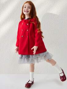 Blossori Young Girls French Style Elegant Red Bowknot Belted A-Line Double Breasted Coat For Autumn/Winter - Red - View 4
