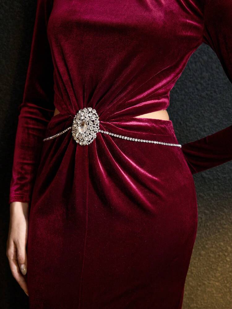 VELVET MOCK NECK CUTOUT WAIST RHINESTONE DETAIL SLIM FIT LONG DRESS