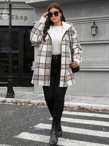 SHEIN LUNE Plus Size Buffalo Plaid Pattern Opadające Ramiona Kaptur Teddy Coat Zimowe Ubrania Nowości Strój Damski Strój Świąteczny Termiczny - Wielokolorowe - Zobacz 6