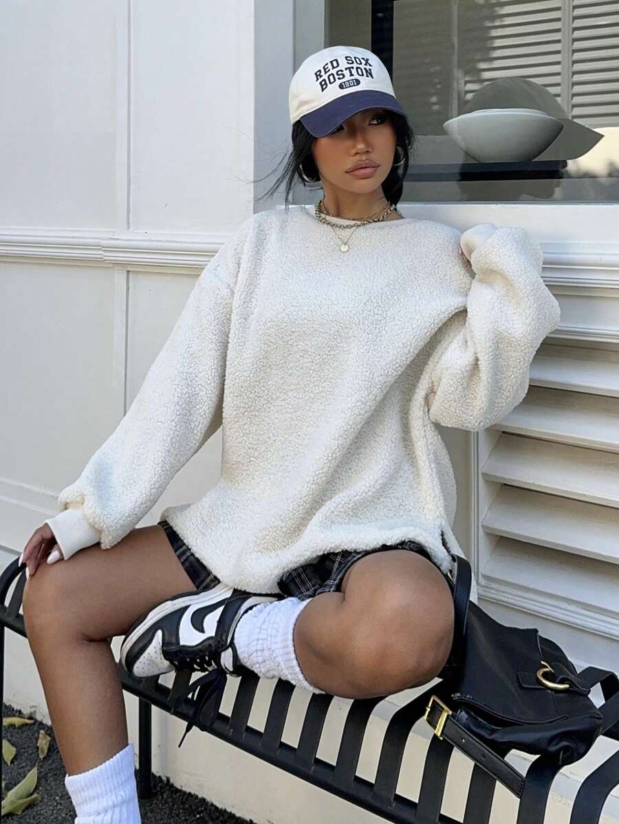 SHEIN Unity 女士休闲宽松落肩羊毛运动衫，适合秋冬季日常穿着 - 白色 - 查看 1