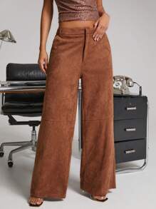 SHEIN Unity Women Solid Color High Waist Pockets Wide Leg Loose Casual Faux Suede Palazzo Pants