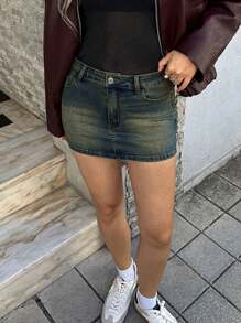 Forever 21 Blue Washed With Pockets Bodycon Sexy Mini Denim Skirt - Dark Wash - View 1