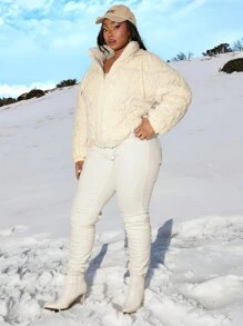 SHEIN SXY Plus Size Women Stand Collar Hooded Cable Knit Plush Patchwork Quilted Padded Coat, Suitable For Fall & Winter, Date Night, Birthday, Bachelorette Party, Casual, Shopping, Streetwear, Going Out, Easy To Match & Looks Slim, Accent Your Body, Flatter The Figure - Beige - View 5