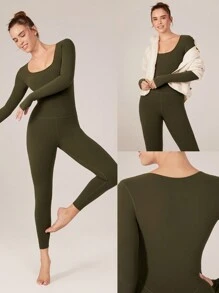 GLOWMODE FeatherFit™ 圆领收腹连体衣 全长长袖 - 軍綠色 - 查看 9