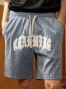 Manfinity Sport Corelite Pantalones cortos deportivos de estilo novio con cordón, bolsillo y estampado de letras a rayas - Celeste - Ver 3