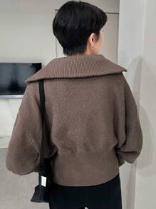 FRIFUL 女士纯色落肩长袖宽松针织开衫，秋冬高领女式夹克 - 咖啡棕 - 查看 5