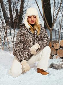 SHEIN EZwear Leopard Print Woven Women Winter Long Sleeve Zipper Collar Hooded Padded Coat - Mocha Brown - View 10