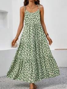 Breezaya Summer Vacation Printed Strapless Sleeveless Long Spaghetti Strap Dress For Women Maxi Vacation Beach Outfit - Green - View 4